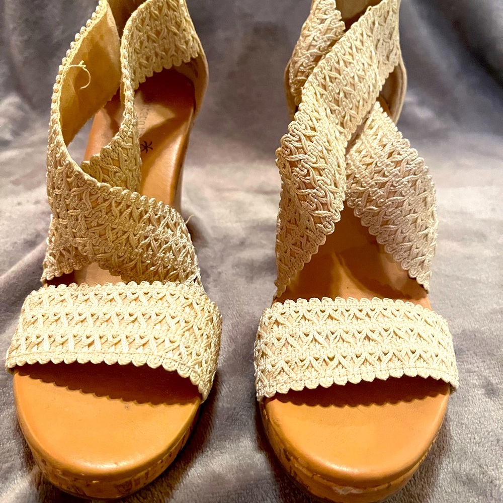 4 inch cork wedge heel. Very comfortable